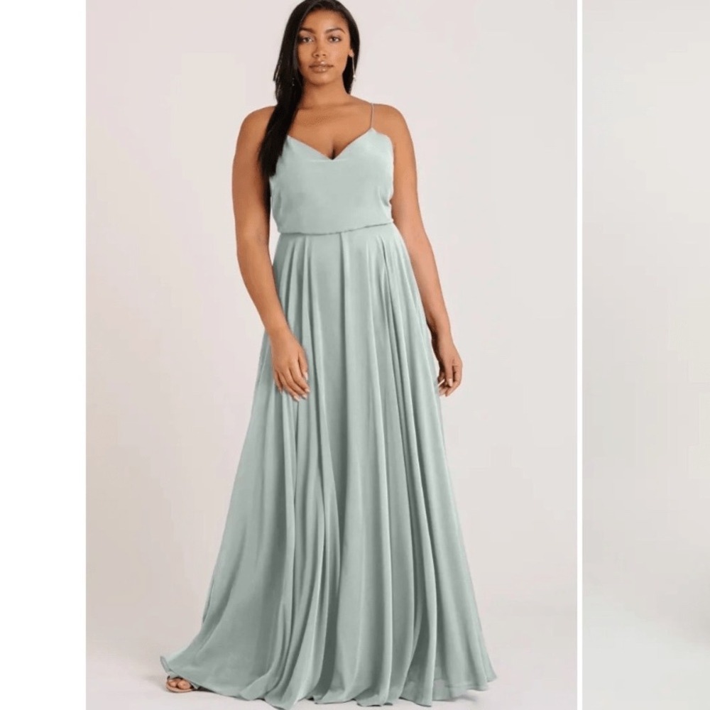 Jenny Yoo Sage Green Spaghetti-Strap Chiffon Gown